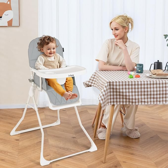 INFANS Baby High Chair, Quick Folding Portable Highchair for Babies and Toddlers with Adjustable Footrest Removable Dishwasher Tray PU Seat, Compact Highchairs for Baby Age 6-36 Months (Grey)