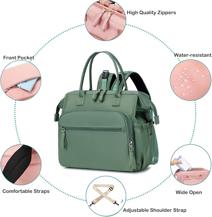 Convertible Diaper Bag Tote, Wide Open Top 14 Pockets Stylish Baby Diaper Bag with Stroller Buckle, Water-resistant (Green, Large)