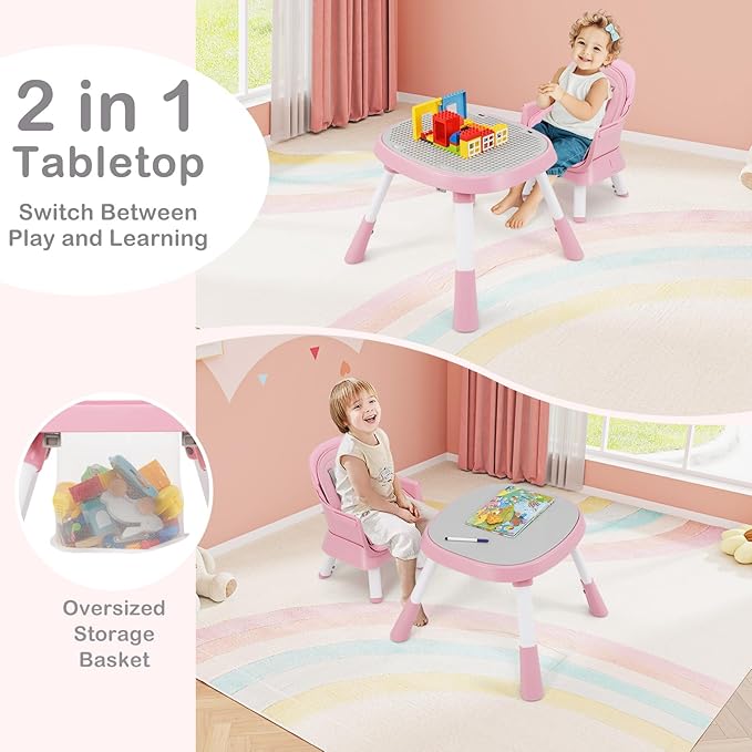 INFANS 9 in 1 High Chair, Convertible Baby Highchair for Babies and Toddlers, Table and Chair Set Building Block Infant Dining Booster Seat, Kids Stool with Activity Children Play Kitchen (Pink)
