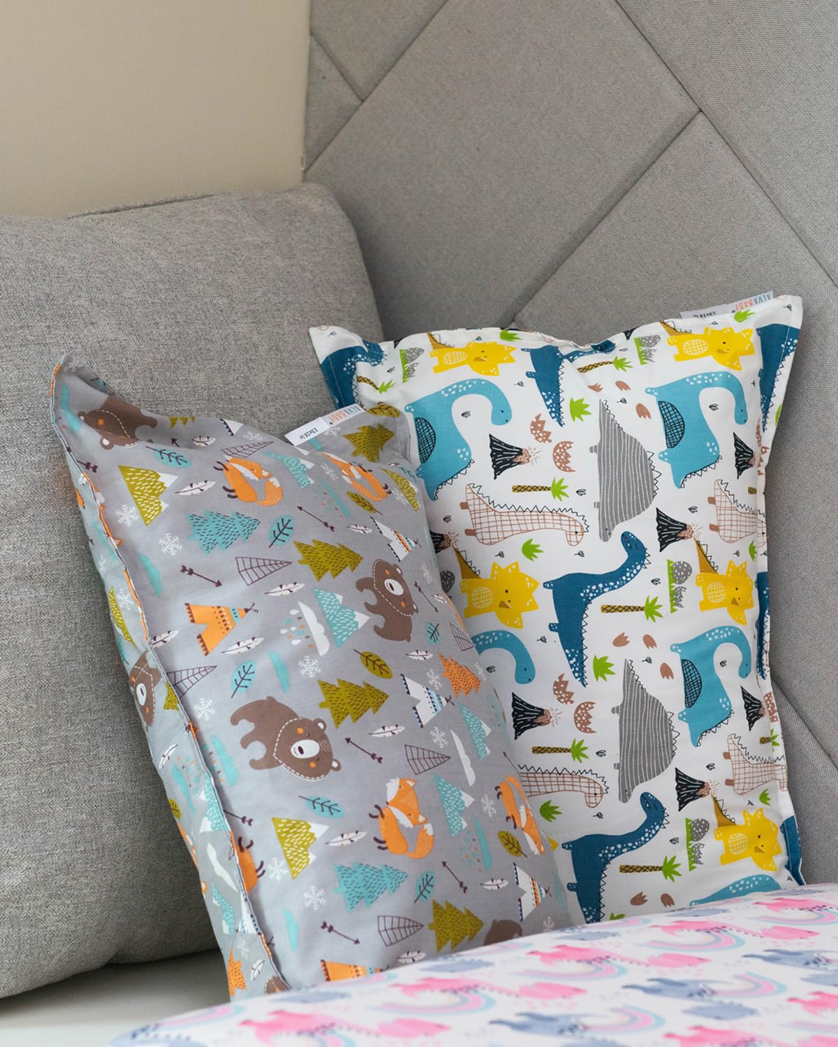 ALVABABY Toddler Pillowcases 2 Pack Organic Cotton Kids Pillow Cover Fit 13"x 18" or 12"x16" Envelope for Girl Boy Sleepy Travel Dinosaur Bear