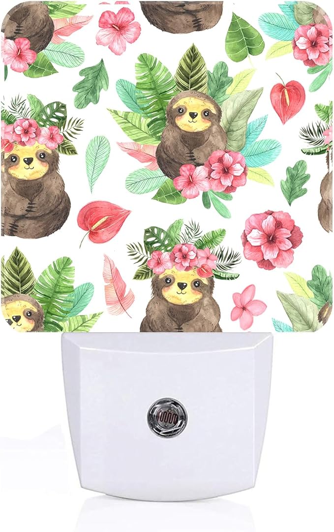 Watercolor Cute Sloth Night Light,Plug Into Wall with Dusk to Dawn Light Sensors, Warm Nightlights for Bedroom, Bathroom, Hallway, Kitchen, Gifts Ideal for Boys Girls Women Men