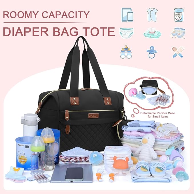 Diaper Bag Tote, Diaper Baby Bags with Pacifier Case, Shoulder Straps, Stroller Clips, Waterproof Large Mommy Maternity Travel Baby Tote for Mom and Dad, black