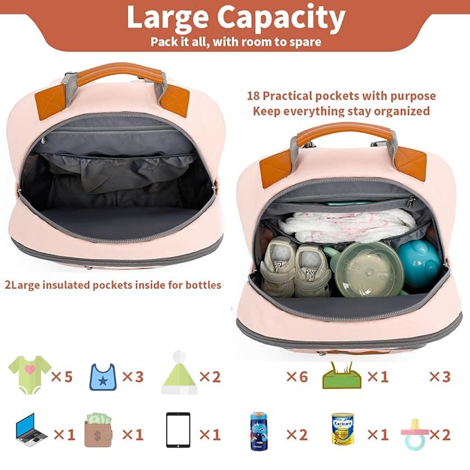 Diaper Bag Backpack, Large Baby Nappy Bags with Portable Changing Pad for Boys and GirlsMultifunction Travel Baby Bag for Moms Dads, Shower Gifts Waterproof and Stylish，Light Powder