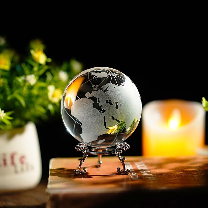 80mm Crystal Earth Globe Ball with Stand World Map Glass Sphere Desk Office Home Decor Glass World Globe Paperweight