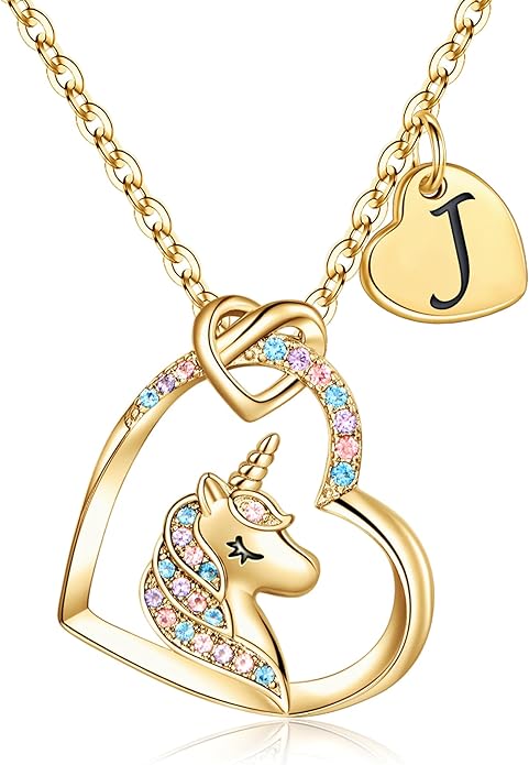 Hidepoo Unicorn Necklace Gifts for Girls - Colorful CZ Heart Pendant Initial Unicorns Necklaces for Teens Little Girls Jewelry Birthday Gift for Girl Daughter Granddaughter Niece
