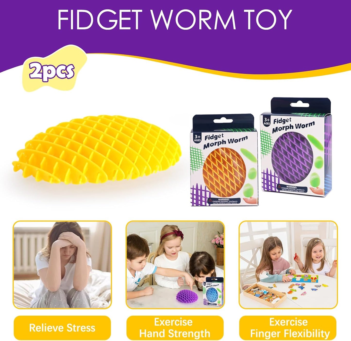 Fidget Worm Toy 2 Pack, Sensory Slug Fidget Toy, Funny Pocket Fidget Toy, Resistance Fidget Toy Anxiety & Stress Relief Toys, EDC Executive Desk Toys (Yellow+Purple)