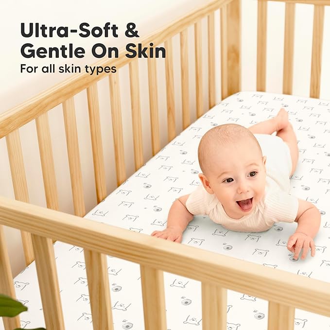 2-Pack Waterproof Baby Crib Sheets for Boys, Girls - 52x28 Viscose Derived from Bamboo Toddler Bed Sheet Neutral, Fitted Crib Mattress Protector Cover for Baby Bedding, Soft & Gentle (Bumble Bear)
