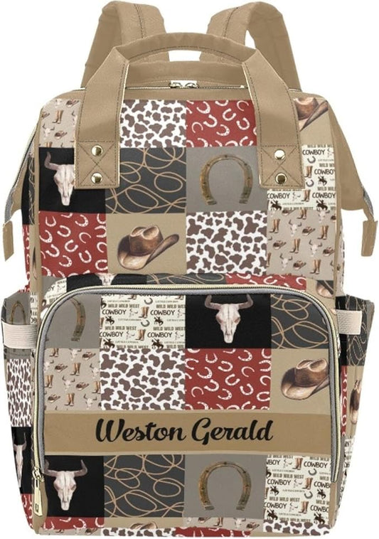 Custom Western Cowboy Baby Diaper Bag with Name – Personalized Nursing Travel Tote Backpack for Mom or Dad, Custom Name Baby Daypack Gift