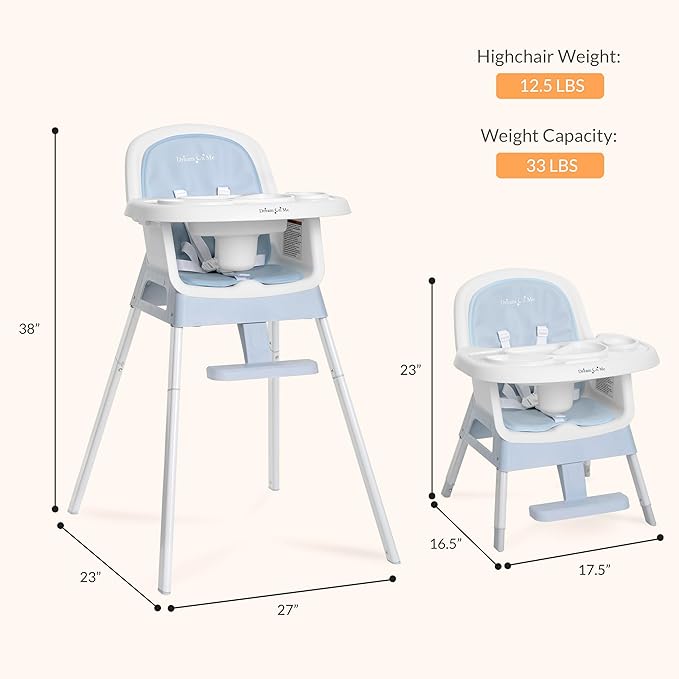 Dream On Me Curio Sit N Seek 3 in 1 Convertible Baby High Chair in Sky Blue, Removable and Adjustable Tray, Portable High Chair, Adjustable Legs, Detachable Footrest & 5 Point Safety Harness