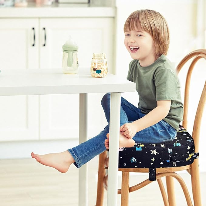 Toddler Booster Seat for Dining Table, Portable Kids Booster Seat with Safety Buckles Portable Increasing Booster Cushion with Non-Slip Bottom (Black Astronaut)