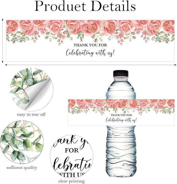 100PCS Wedding Water Bottle Labels Waterproof Greenery Floral Wraps Sticker for Water Bottle Baby Shower Bottle Label for Bridal Shower Party Thanks A09