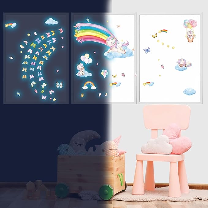 Glow in The Dark Large Rainbow and Unicorn Wall Decals,Glowing Luminous Star Butterfly Wall Stickers Removable Rainbow Unicorn Decals for Girls Bedroom Baby Nursery Living Room Decoration