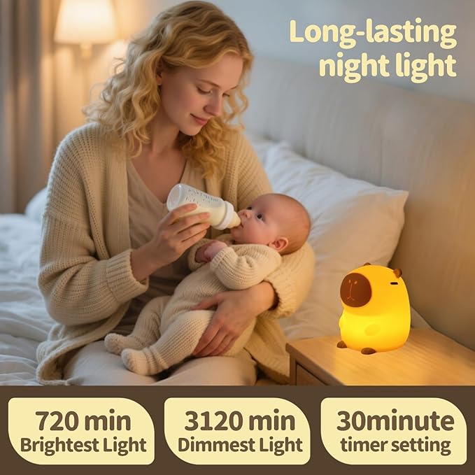 Capybara Night Light, Cute Squishy Silicone Night Light for Kids, Long-Lasting Rechargeable, Tap to Adjust Brightness, Safe Capybara Gifts for Bedroom Nursery, Capybara Lamp