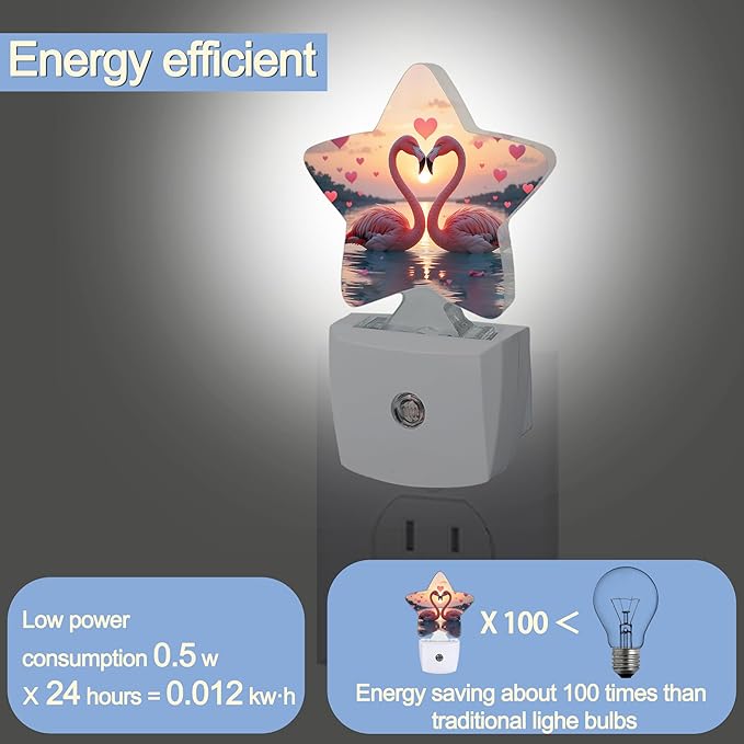 Beach Flamingos Night Lights Plug Into Wall,Romantic Love Heart Star Night Light for Kids,Nightlight with Dusk to Dawn Smart Sensor for Bedroom Bathroom Decor,Children Women Men Gift