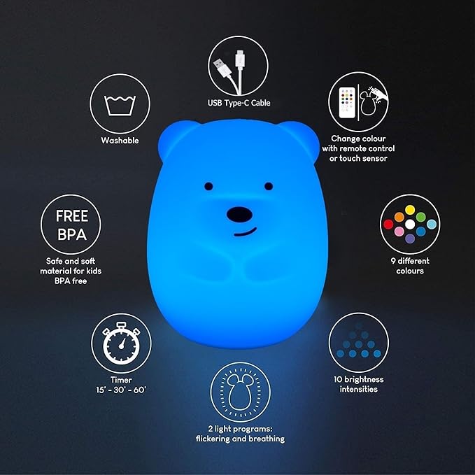 Bear Night Lights for Kids, Bedside lamp for Children, Baby Nursery Light - Break Resistant/Eye Caring/Adjustable Brightness Color/Time Setting/Gifts for Kids Babies Boys Girls - Medium