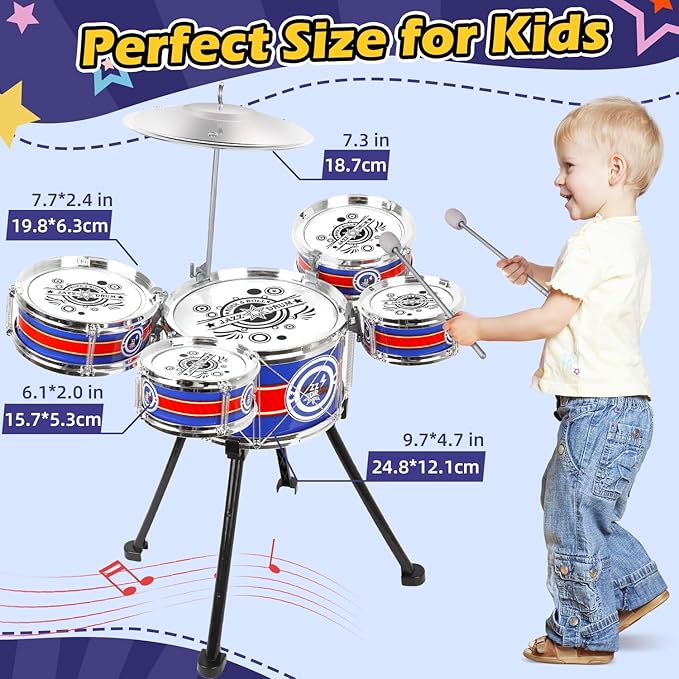 Toddler Jazz Drum Set Upgraded Kit with 5 Drums - Music Toys for 3-5 Year Old Boys & Girls