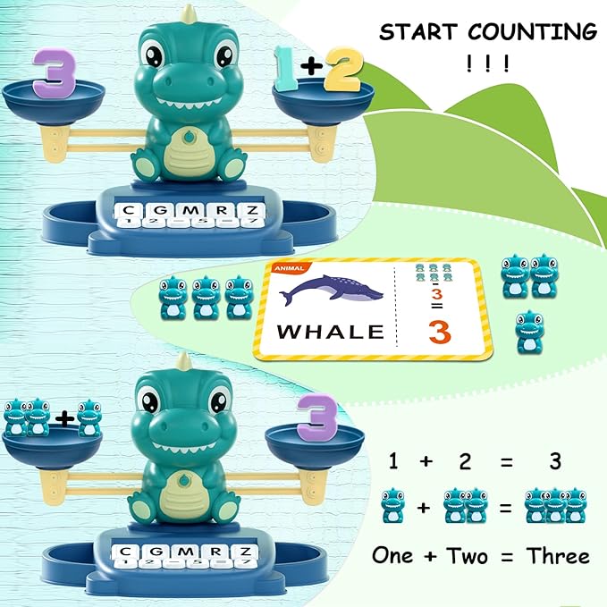 Dinosaur Math Balance Toy for Boys and Girls - Montessori Matching Letter Toy for Kids 3 Year Olds, Educational Kindergarten Preschool Early Learning, Birthday Gift for 4 5 6 7 Years Old