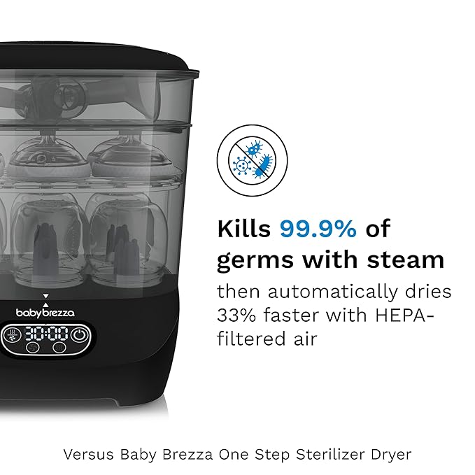 Baby Brezza Bottle Sterilizer and Dryer Advanced – 33% Faster - Largest Capacity Steam Sanitizer - Universal Sterilization Machine for All Bottles + Pump Parts - HEPA Air Filter, Black