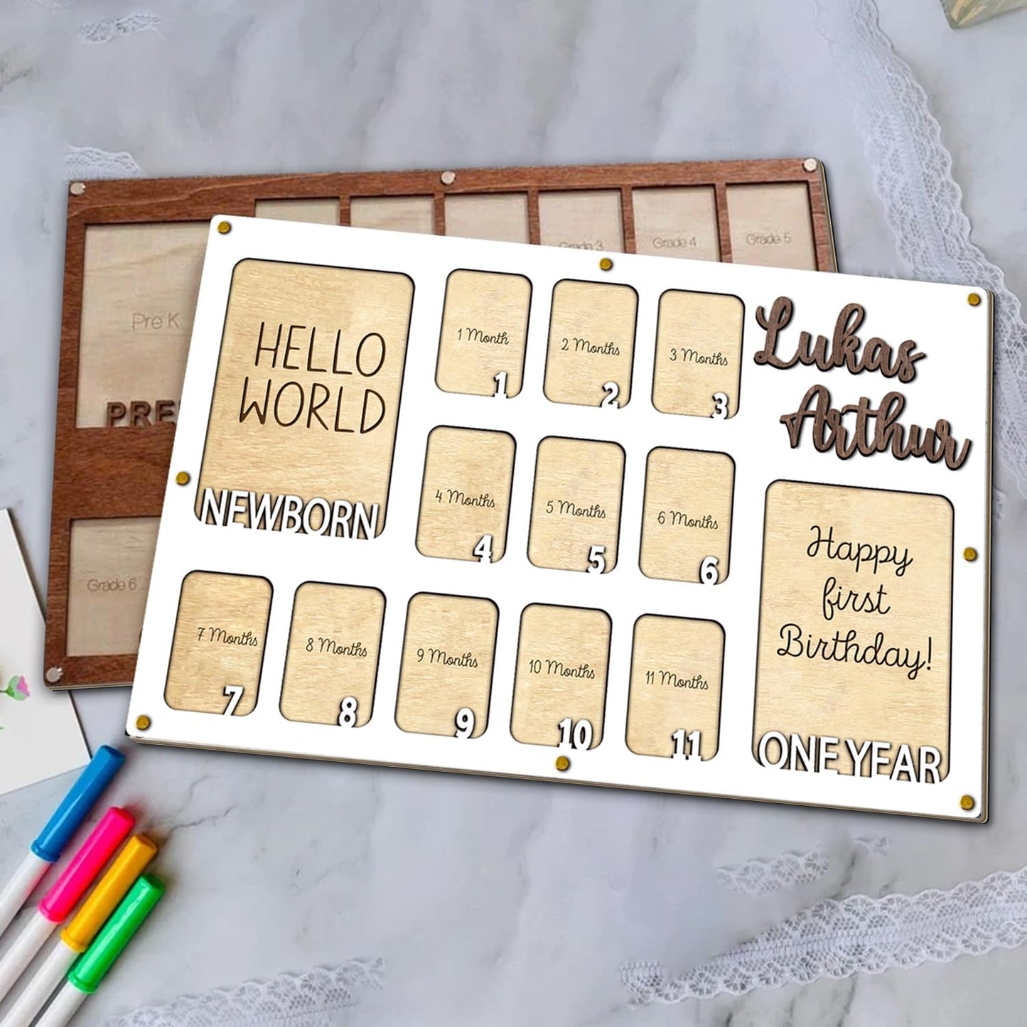 Personalized My First Year Photo Frame | 12 Months Picture Frame For Baby First Year | Displays Two 4x6 Photo and Eleven 2x3 Pictures | Birthday Party Decor Newborn Memory Keepsake, Style MP1