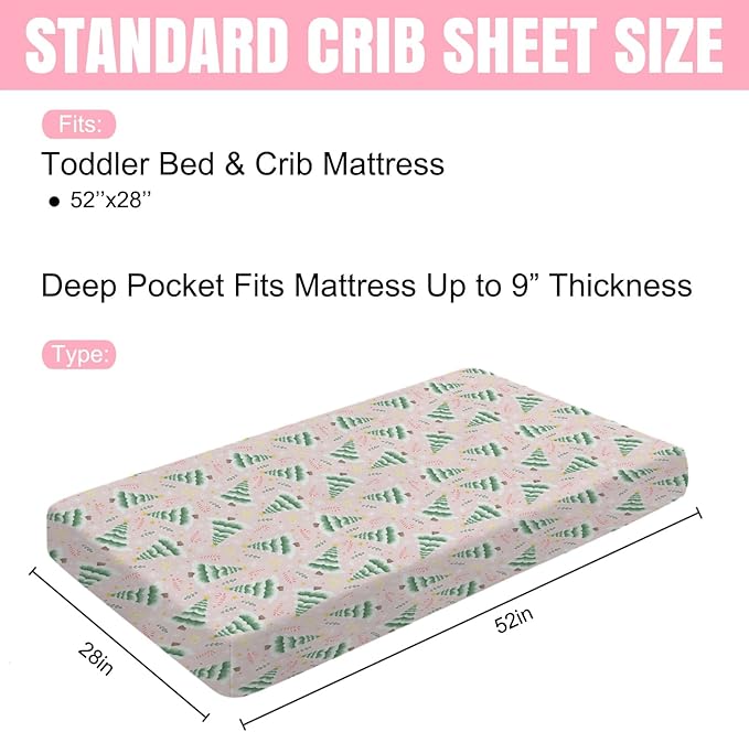 Pink Winter Forest Baby Crib Sheets 52''x28'' Christmas Trees Candy Snowflakes Snug Fitted Crib Mattress Cover for Boy Girl Green Pine Forest Soft Baby Bed Sheet for Standard Crib Toddler Mattress