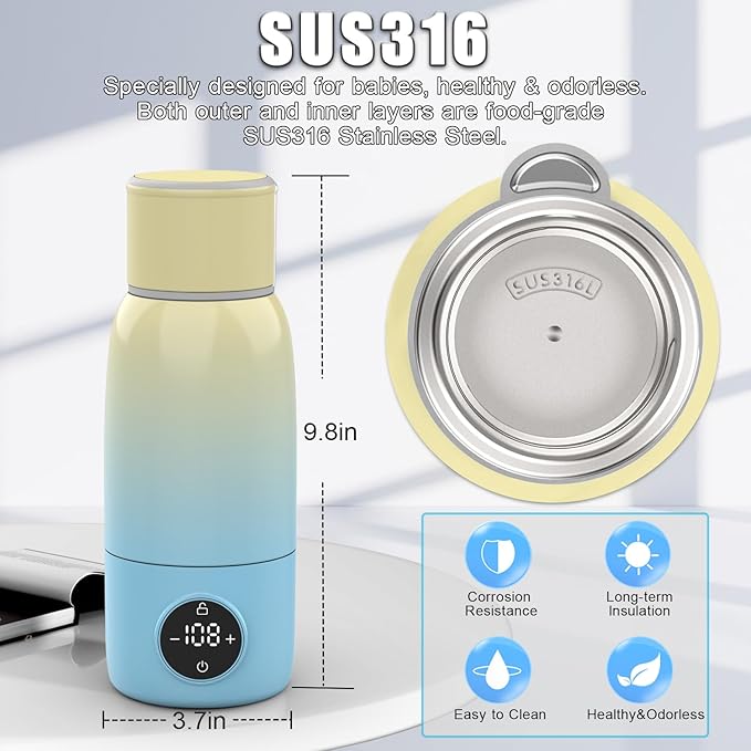 Portable Bottle Warmer, Travel Formula Milk Warmer for Baby, 17oz Water Warmer On The Go with 3min-Rapid-Heat Fast Charge Cordless Formula Warmer Temp Control Baby Travel Essential Xams Gift