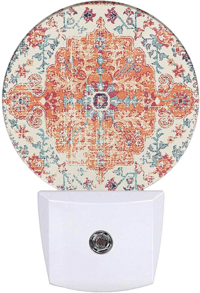 Boho Mandala Night Light Vintage Floral Flowers Carpet Pattern Night Lights Plug into Wall 0.5W LED Lighting Auto on/Off for Hallway Stairway Kitchen Home Decor