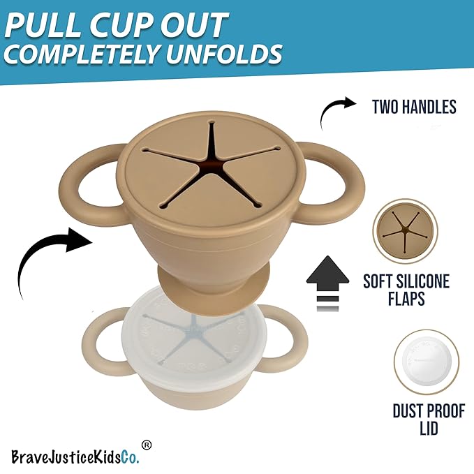 BraveJusticeKidsCo. | Snack Attack II Snack Cup | Collapsible Silicone Snack Container | Toddler and Baby Snack Catcher Lid (Warm Sand)