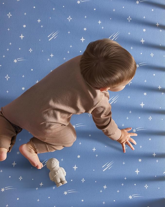 Pack and Play Sheets Fitted 3 Pack, Mini Crib Sheets for Pack N Play Mattress Stretchy Portable Playard Sheets, Soft Breathable Blue Gray Planet