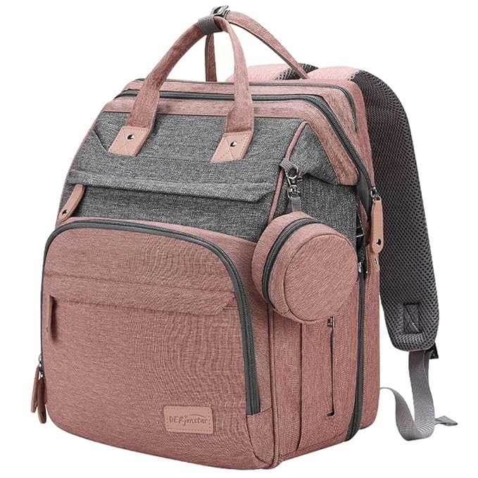 DERJUNSTAR Baby Diaper Bag Backpack, Diaper Changing Station, Baby Bags for Boys Girls,Waterproof Changing Pad,USB Charging Port,Pacifier Case, Sunshade and Toy Bar, Pale Pink