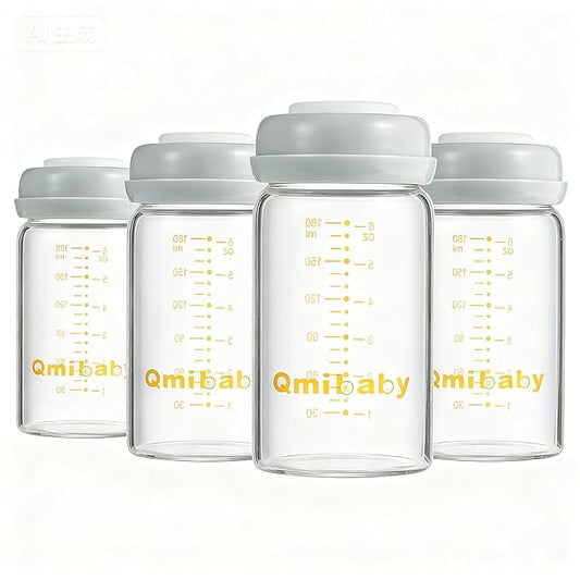 Glass Breastmilk Storage Bottles 180ml 6oz BPA-Free Leak-Proof Natural Baby Bottle for Breastmilk Storage Wide Neck Bottles with Screw Ring Sealing Disk Breastfeeding (Grey, 180ml-4Packs)