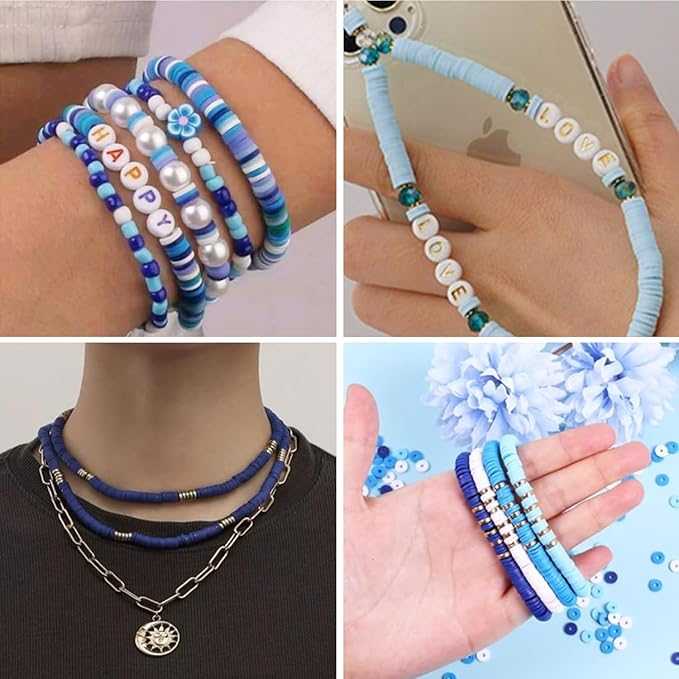 4000pcs Blue Clay Beads for Bracelets Making 6mm Heishi Beads Polymer Flat Round Disc Clay for Jewelry Making Blue Bead Crafts