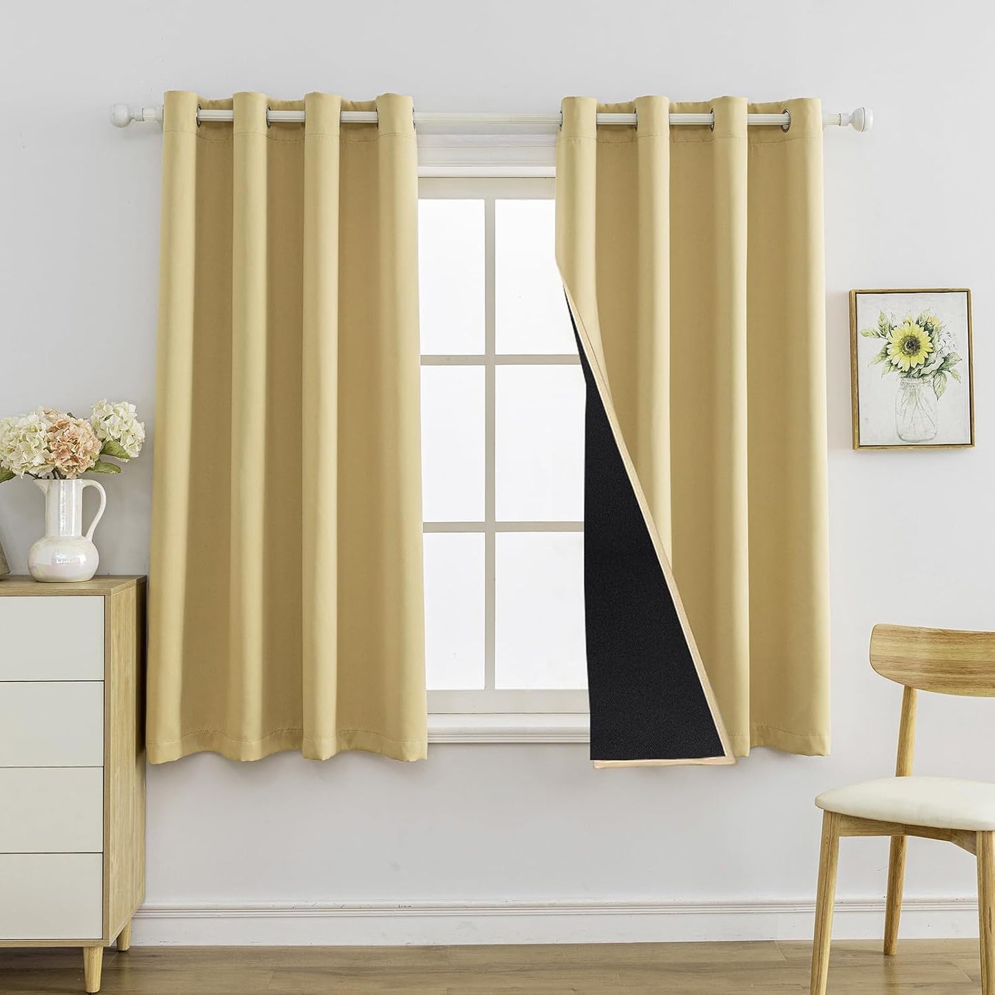 Anytime 100% Blackout Curtain Set, Thermal Insulated & Energy Efficiency Window Draperies for Guest Room, Full Shading Panels for Shift Worker and Light Sleepers（Beige, 2 Panels, 52W x 54L）