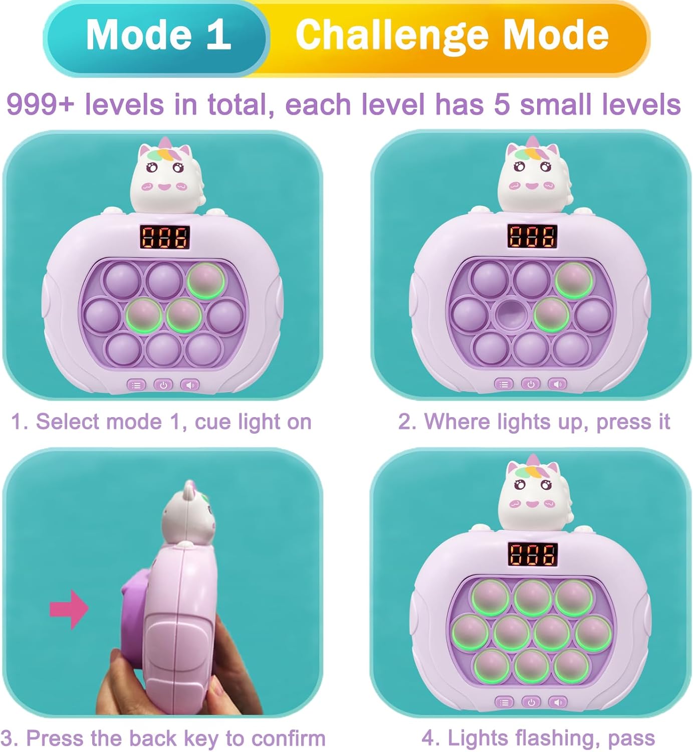 Pop Quick Push Game Light Up Fidget Toys Handheld Puzzle Press Popping Game Console for Kids Ages 3+ Adult Unicorn