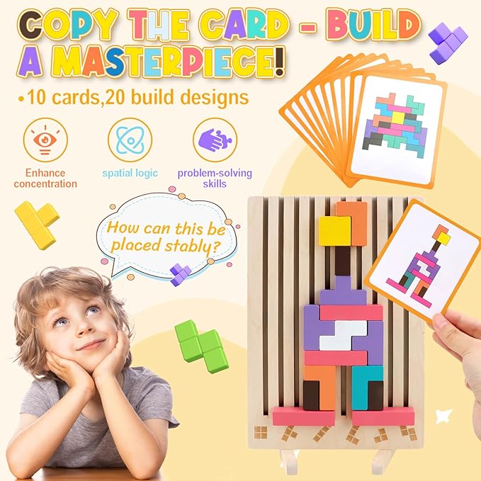 JONEG Games for 3+ Year Olds Kids- Wooden Stacking Puzzles Tetris - Brain Teasers 3D Russian Blocks Board - STEM Montessori Toys for Ages 3 4 5 6 7 10 - Gift for Toddlers Classroom Travel