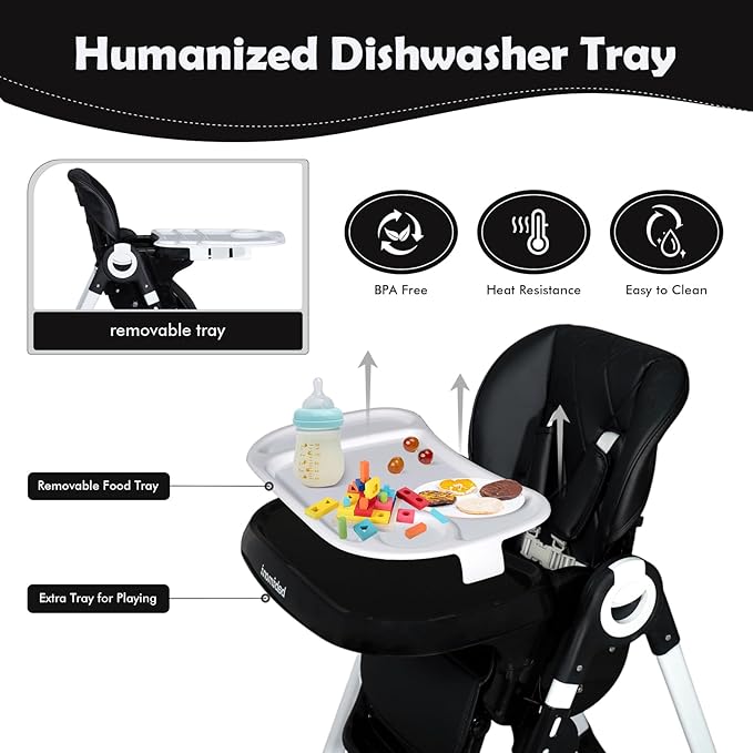 4 in 1 Baby High Chair, High Chairs for Babies and Toddlers, Foldable Highchair with 4 Wheels, 4 Levels of Recline and 7 Levels of Height Adjustment (Black)