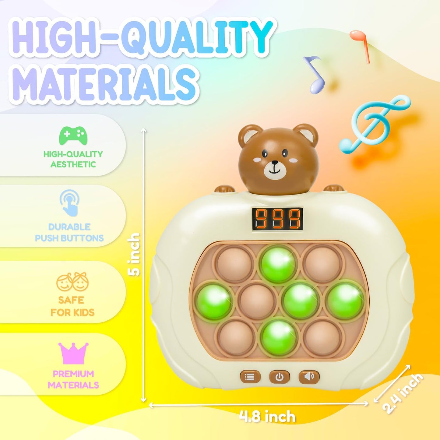 Marlo & Buzz Fast Push Game Toy with Popit Game Controller, Pop Fidget Animal with LED Screen - Sensory and Memory Console, Quick Bubble Light Toy, Pocket Games (Bear)