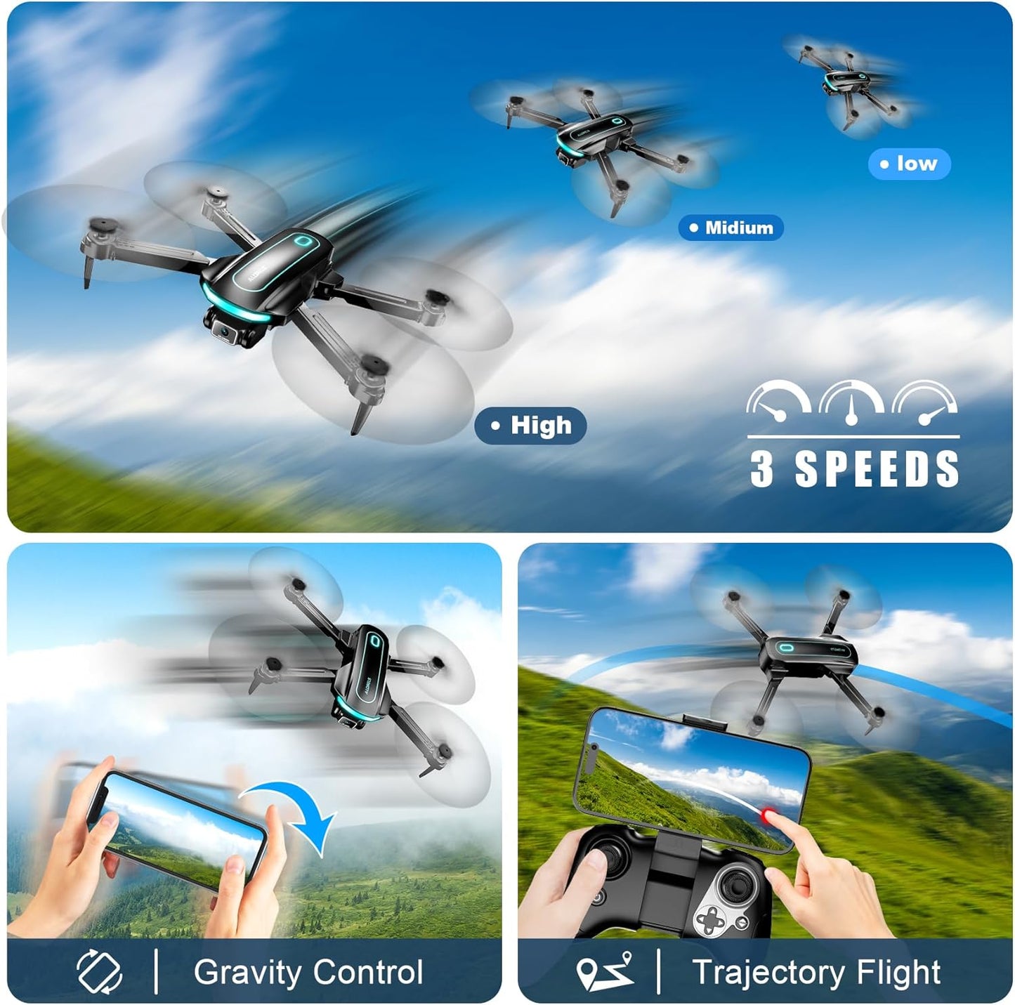 Drone with Camera, Drones for Adults and Beginners, 1080P HD FPV Foldable Mini Drones for Kids, with 2 Batteries, Carrying Case, Trajectory Flight, Gravity Control, One-Key Takeoff/Landing, 360° Flip, Toys for Gift