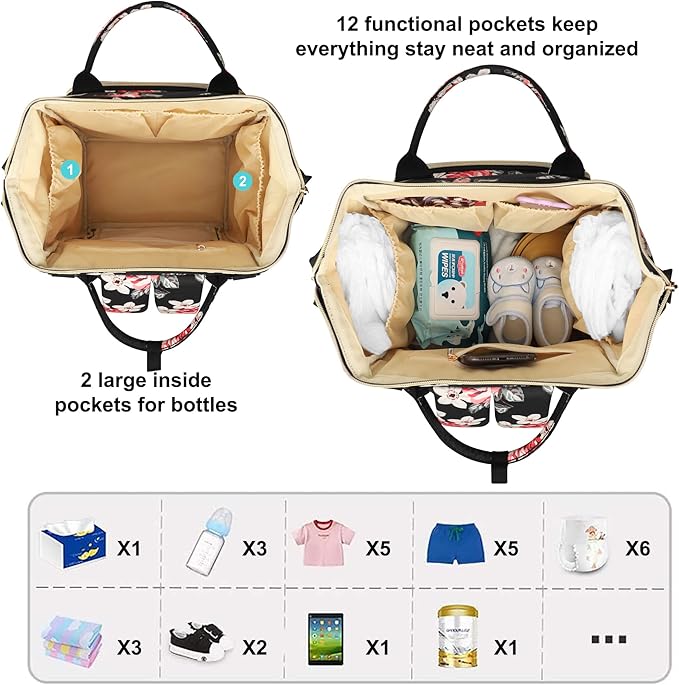 Diaper Bag Backpack Multi-Function Baby Bag With Large Capacity and Insulated Pockets Diaper Backpack Organizer Bag for Mom/Dad, Flower