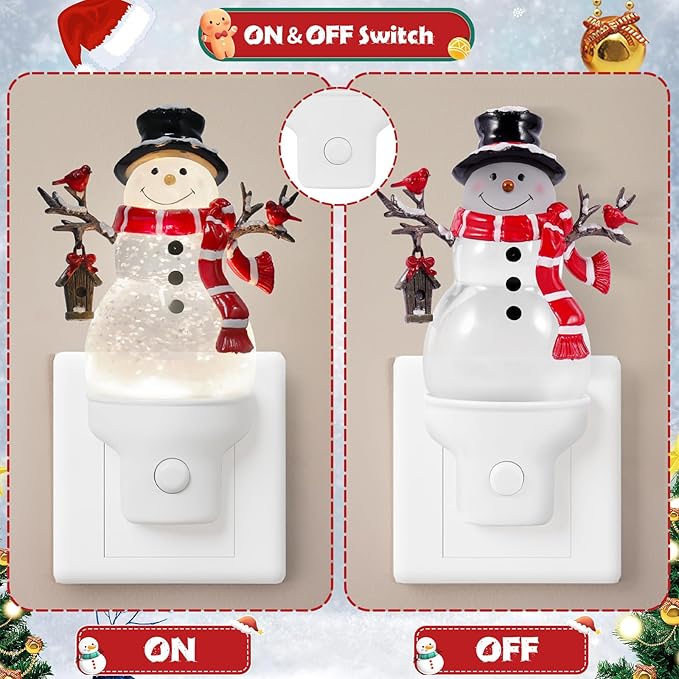 Christmas Snowman Night Light Plug into Wall Glitter Water Nightlight with USB/Outlet Options, Christmas Decorative Nightlight for Bedroom Kitchen Nursery Holiday Decorations Gifts (Snowman)