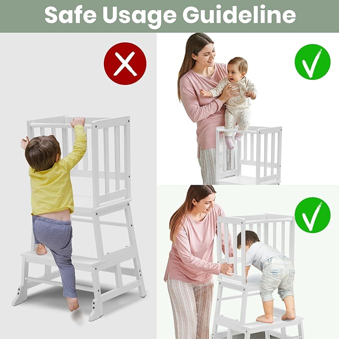 COSYLAND Toddler Kitchen Step Stool Helper - Wooden Standing Tower for Kids with Anti-Tip Support Legs - Mothers' Helper Kids Learning Stool for Kitchen Counter (White)