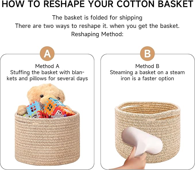 Small Basket for Organizing | Cube Shelf Closet Storage Baskets | 9.7×9.7×7.1” | Woven Rope Gift Basket | Nursery | Round 3 Packs Mixed Brown