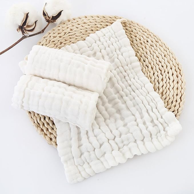 MUKIN Baby Muslin Washcloths, Natural Cotton, Soft Newborn Face Towel, 5 Pack, 12 x 12 inches (White)