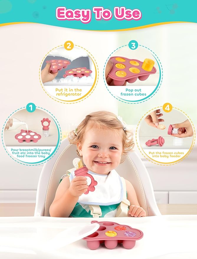 Breastmilk Popsicle Molds & Baby Fruit Food Feeder Pacifier, Silicone Baby Food Storage Containers, Baby Popsicle Molds Teething for Toddler Teething & Infant Self Feeding (Pink)
