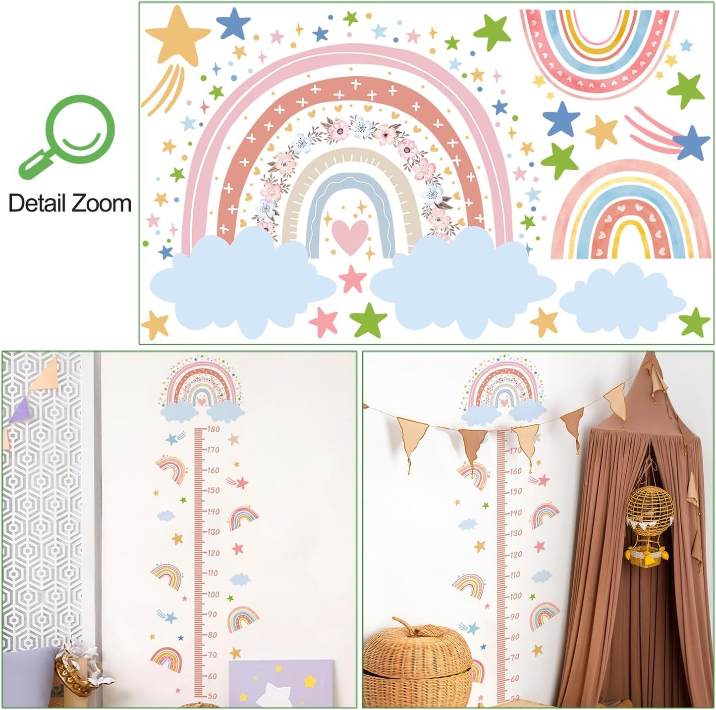 3D Cartoon Height Growth Chart for Kids - Removable DIY Pink Rainbow Wall Decal Peel and Stick Stars and White Clouds Wall Art Decor for Kids Nursery, Bedroom, Bathroom