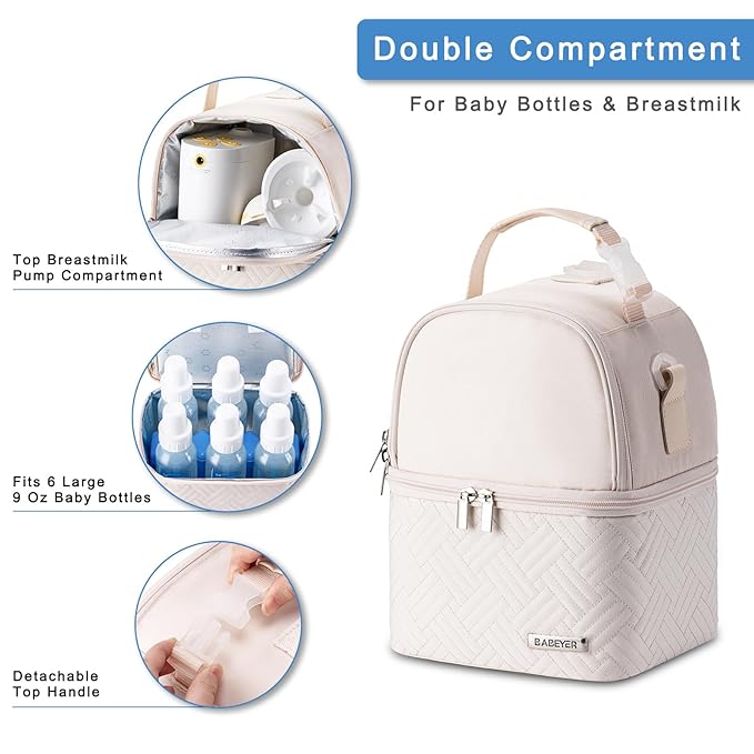 Breastmilk Cooler Bag with Ice Pack Fits 6 Baby Bottles up to 9 Ounce, Breast Milk Pump Cooler Bag with Shoulder Strap for Nursing Mom Daycare, Work, Travel- Cream