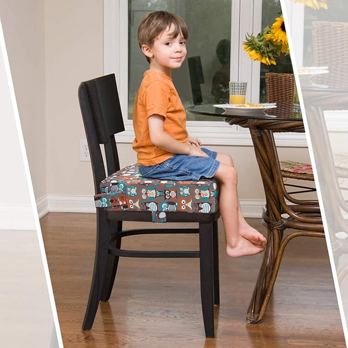 Taeku Booster Seat for Dining Table, Portable Kids Toddler Booster Chair Increasing Cushion Cartoon Seat Pad with 2 Safety Buckles for Kitchen Restaurant (Owl Orange)