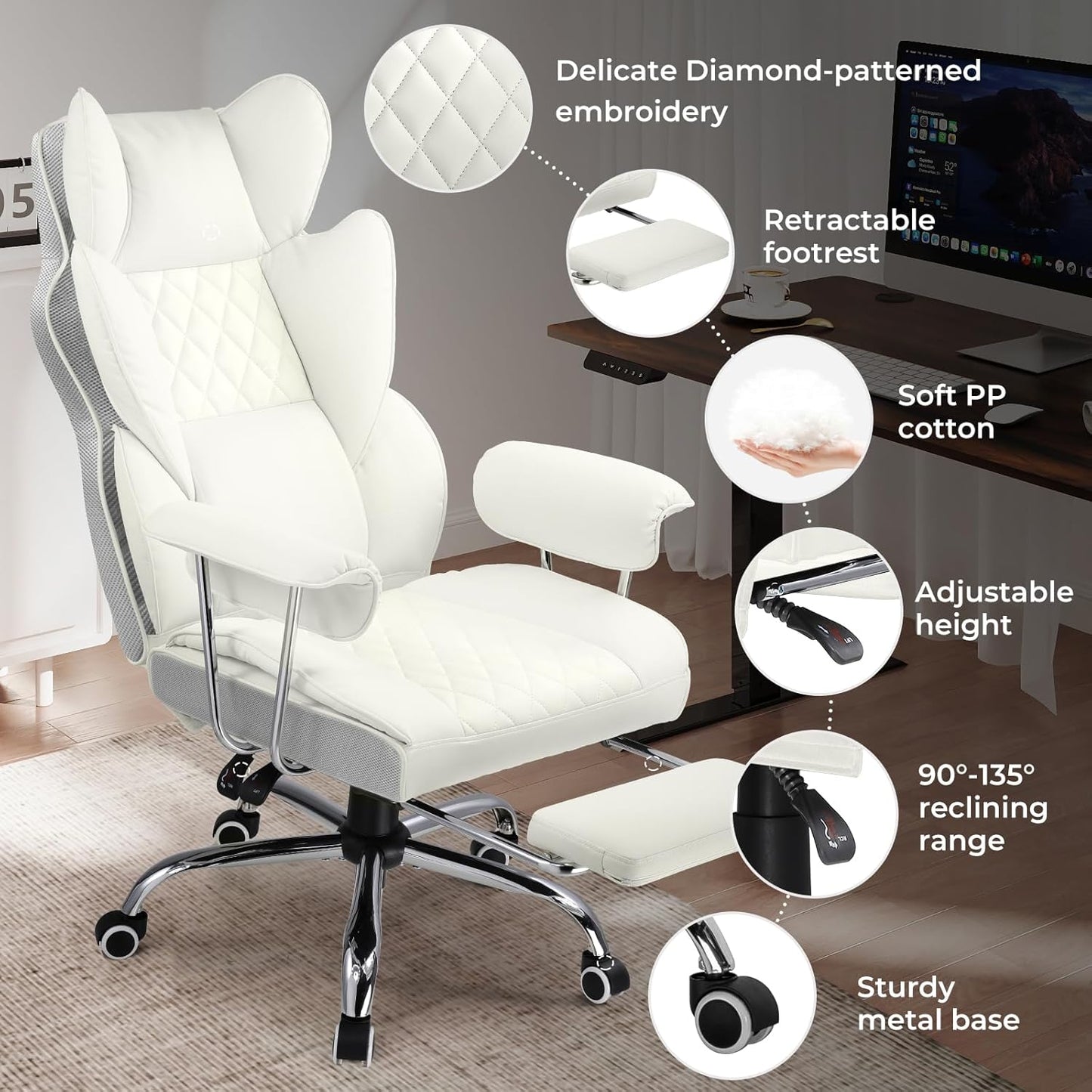 COMHOMA Big and Tall Office Chair, High Back Leather Gaming Chair with Footrest, Executive Ergonomic Office Chairs with Pocket Spring Lumbar Support and with Outward Fixed Soft Armrests