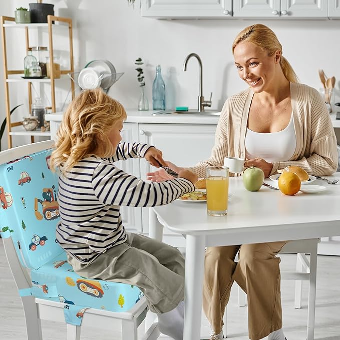 Toddler Booster Seat for Dining Table with Adjustable Straps, Kids Booster Seat for Kitchen Chair with Non-Slip Bottom, Portable Detachable Washable Increasing Cushion (Excavator)