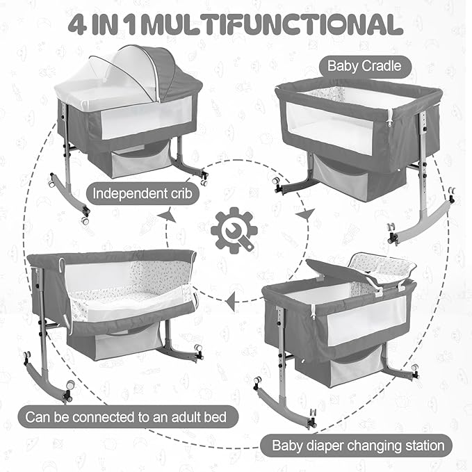 Baby Bassinet Bedside Crib 4-in-1 with Changing Table, 6 Height Adjustable Baby Crib with Mosquito Net & Storage Basket, Portable Cradle Bassinet for Newborn Infant (Grey)