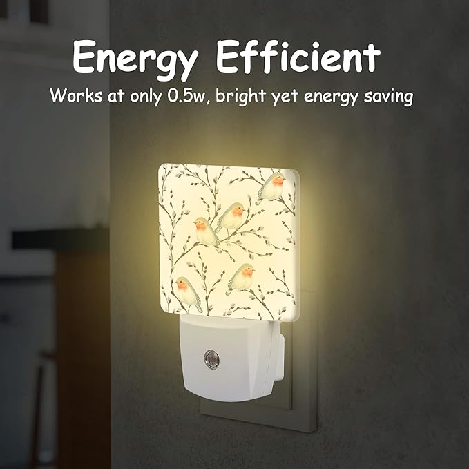 Teal Orange Robin Birds on Willow Branches Night Light for Kids Girls Boys,LED Night Light Plug into Wall with Dusk to Dawn Sensor for Room Decor,Hallway,Kitchen,Bathroom,Nursery,Stairs